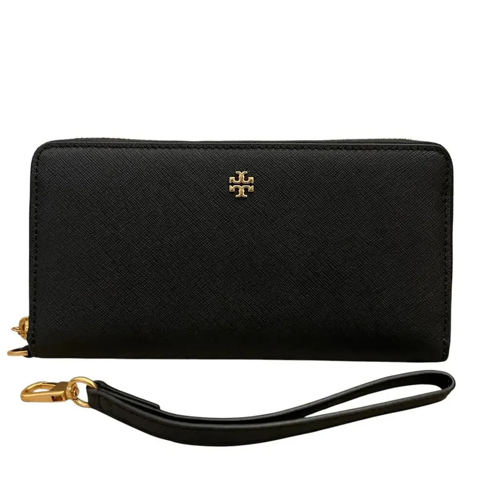 TORY BURCH Emerson Wristlet Zip Continental Wallet Saffiano Leather Black NEW